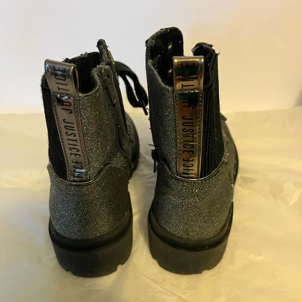 JUSTICE YOUTH SIZE‎ 1 GIRLS SLIVER GLITTER LACE UP ZIP ANKLE BOOT